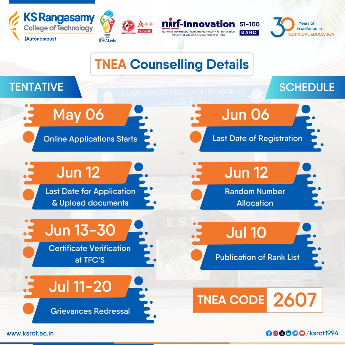 ksrct1994's tweet photo. #TNEA2024 #TentativeSchedule #Counselling #ImportantDates

#KSRCTians #MakingADifference #admission #admissions #education #collegeadmissions #admissionsopen #TNEACounselling #students #engineering #placement #enrollnow  #btech #college #TNEA #TNEA2607 #Scholarships #ksrct1994 https://t.co/MN04czjLo7