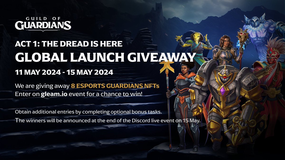 💡GLOBAL LAUNCH GIVEAWAY ALERT #GuildofGuardians ⚔️ What? 🎁 8 Esports Guardians NFTs Where? 👉 gleam.io/MLbGc/guild-of… Wen announce? 📢 After the Discord Live Event discord.com/invite/gog?eve… Complete additional tasks for additional entries ✅ #LFGOG Good luck Commanders! 🫡
