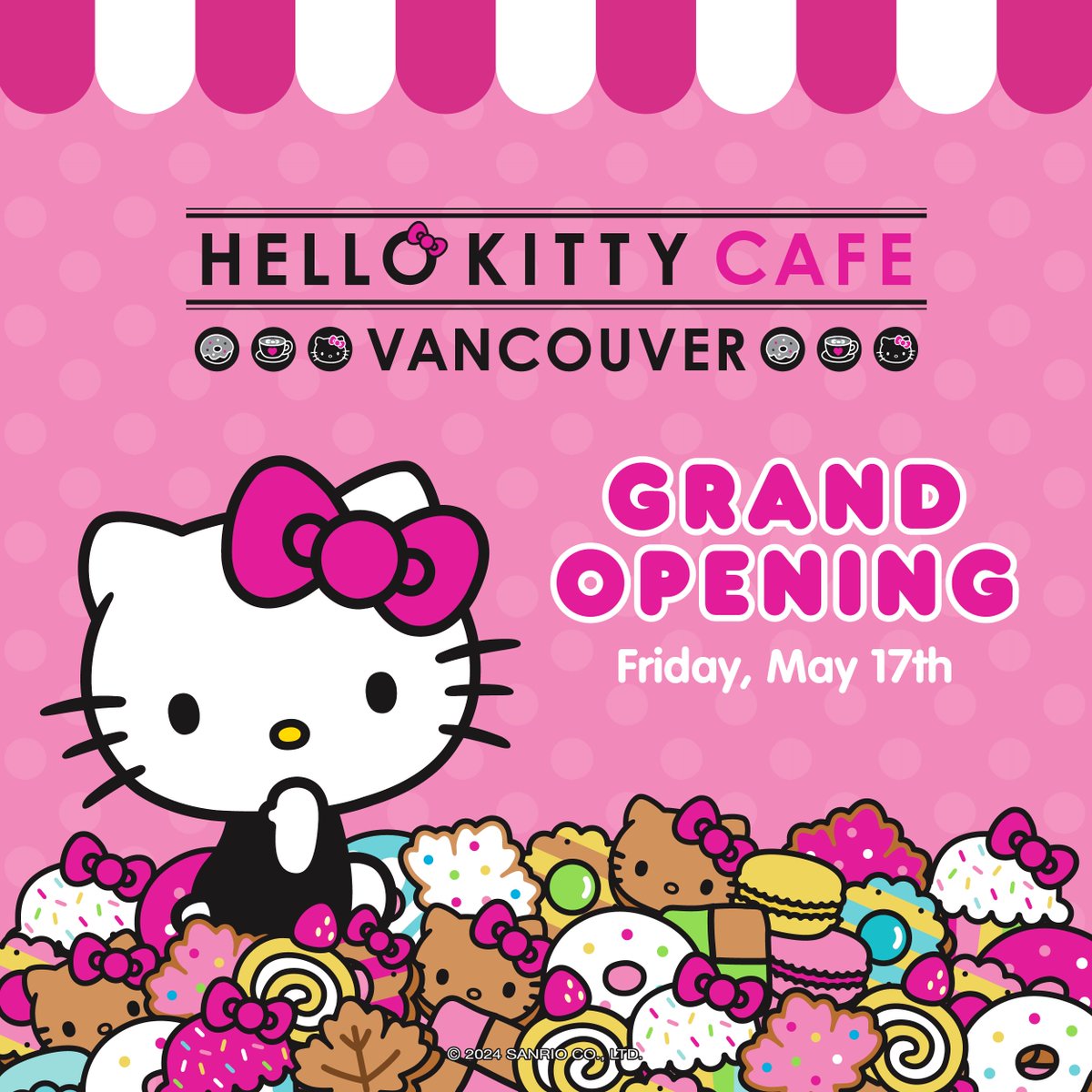 Hello Vancouver! 🇨🇦 🎀 Join us for the Grand Opening on Friday, May 17th at 12pm! ⁠ 

💖 Meet and greet with Hello Kitty⁠
💖 First 50 guests will receive a Hello Kitty goodie bag 
💖 Enjoy Hello Kitty-themed treats and beverages

📍1274 Robson St, Vancouver, BC V6E 3Z6