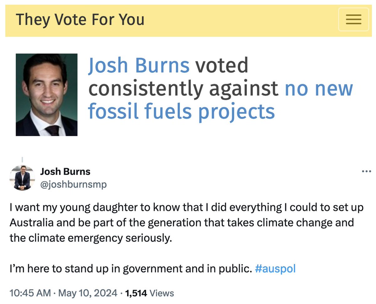 I'd support & respect a change of mind by @joshburnsmp #Macnamara

I look forward to Mr Burns denouncing ALL new gas+coal projects (& extensions), publicly calling for an end to subsidies for ALL fossil fuel projs & voting against ALL policies that accelerate #ClimateBreakdown