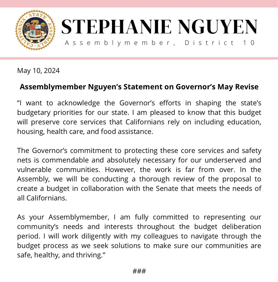 My statement on the Governor’s May Revise. #CALeg