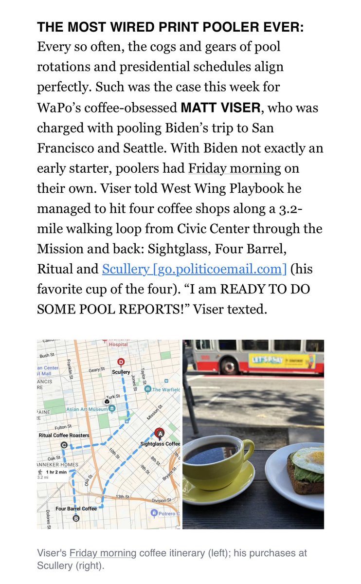 Sometimes pool duty is fueled by BrewHaHa in Wilmington, Del. Other times, it takes you to coffee meccas like San Francisco and Seattle (h/t @EliStokols, who has at times been convinced to walk longer than expected in search of good coffee) politico.com/newsletters/we…
