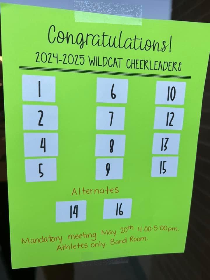 Congratulations to those making the 24-25 Wildcat Cheerleading squad! We're ready to represent Wildcat Nation and will begin the season with a mandatory meeting for athletes on Monday, May 20th 4:00-5:00pm.