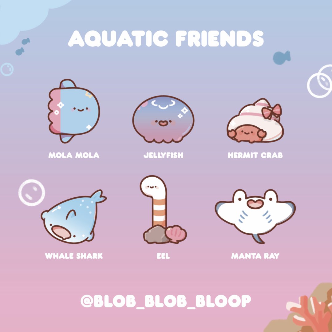 🪼 Aquatic friends 🐳 reshares are super appreciated! 

⋅˚₊‧ ଳ⋆.ೃ࿔*:･Which aquatic blobby is your fave? 👀

Catch them at Doujima this weekend as both stickers and as a phone charm! 🫶

🏷:#marinelife #originalart #octopus #cutedigitalart #digitalillustration #marineanimals
