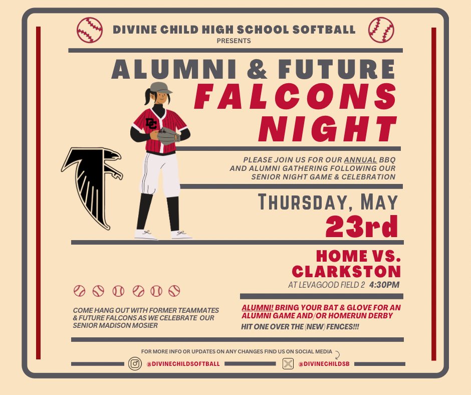 🚨Falcons!! Please join us for our senior night and alumni/future falcon celebration on May 23rd🚨 We hope to see you all there!!!🥎 Check out the details below ⬇️