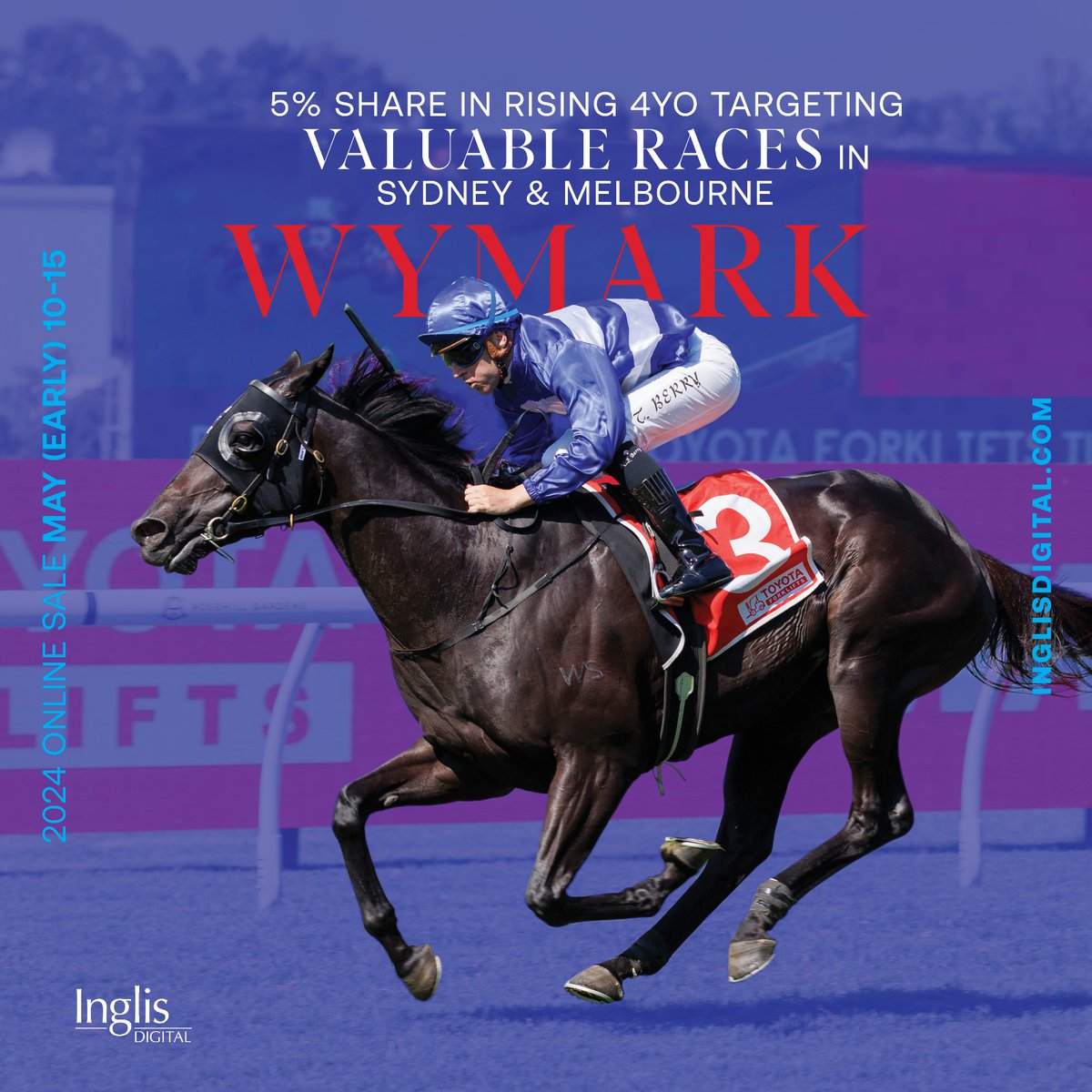 A 5% share in up-and-coming 4YO WYMARK is on offer in the May (Early) online sale. Targeting valuable Sydney & Melbourne races, he’s certainly an attractive prospect in the current #InglisDigital sale. View the listing here: bit.ly/4bcNEwP