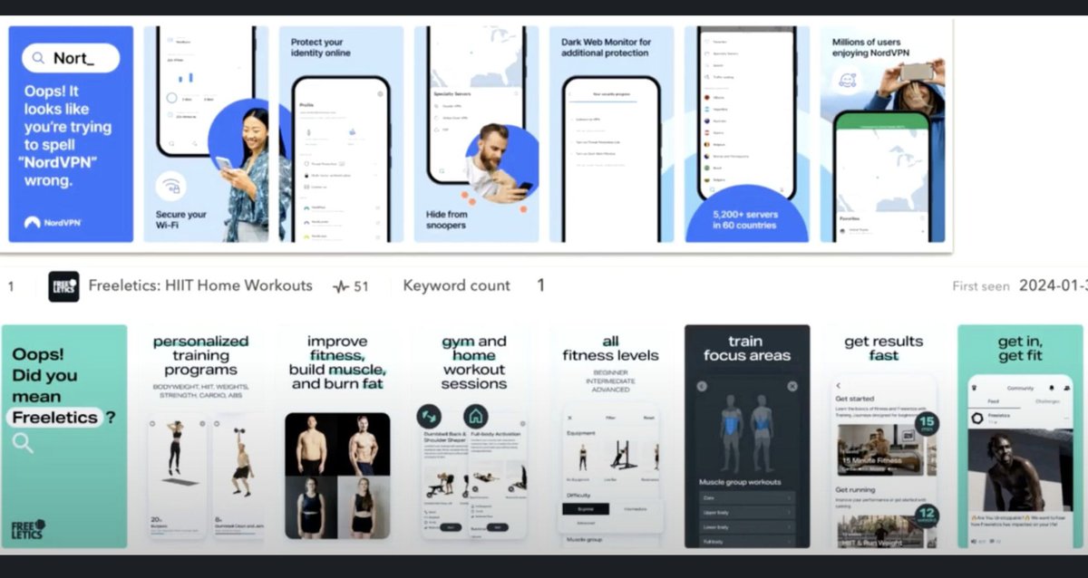Bu iki uygulama yazım hatası olan kelimelere Search Ads yaparken kullanıcıların dikkatini çekmek için güzel bir CPP hazırlamış #SearchAds #AppStore