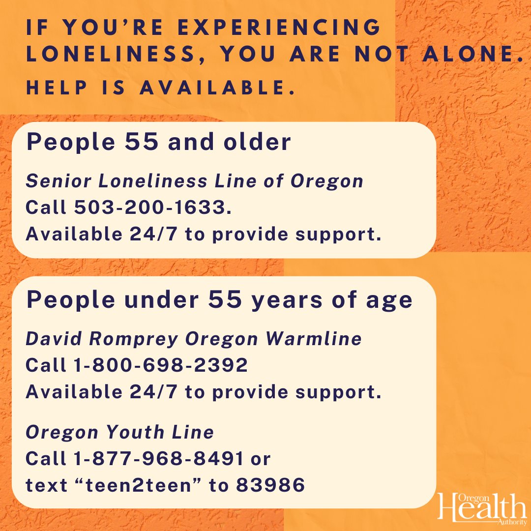 If you’re experiencing loneliness, you are not alone. There are resources that can help. If you or someone you know is struggling or in crisis, help is available. Call or text 988 or chat online at 988lifeline.org.