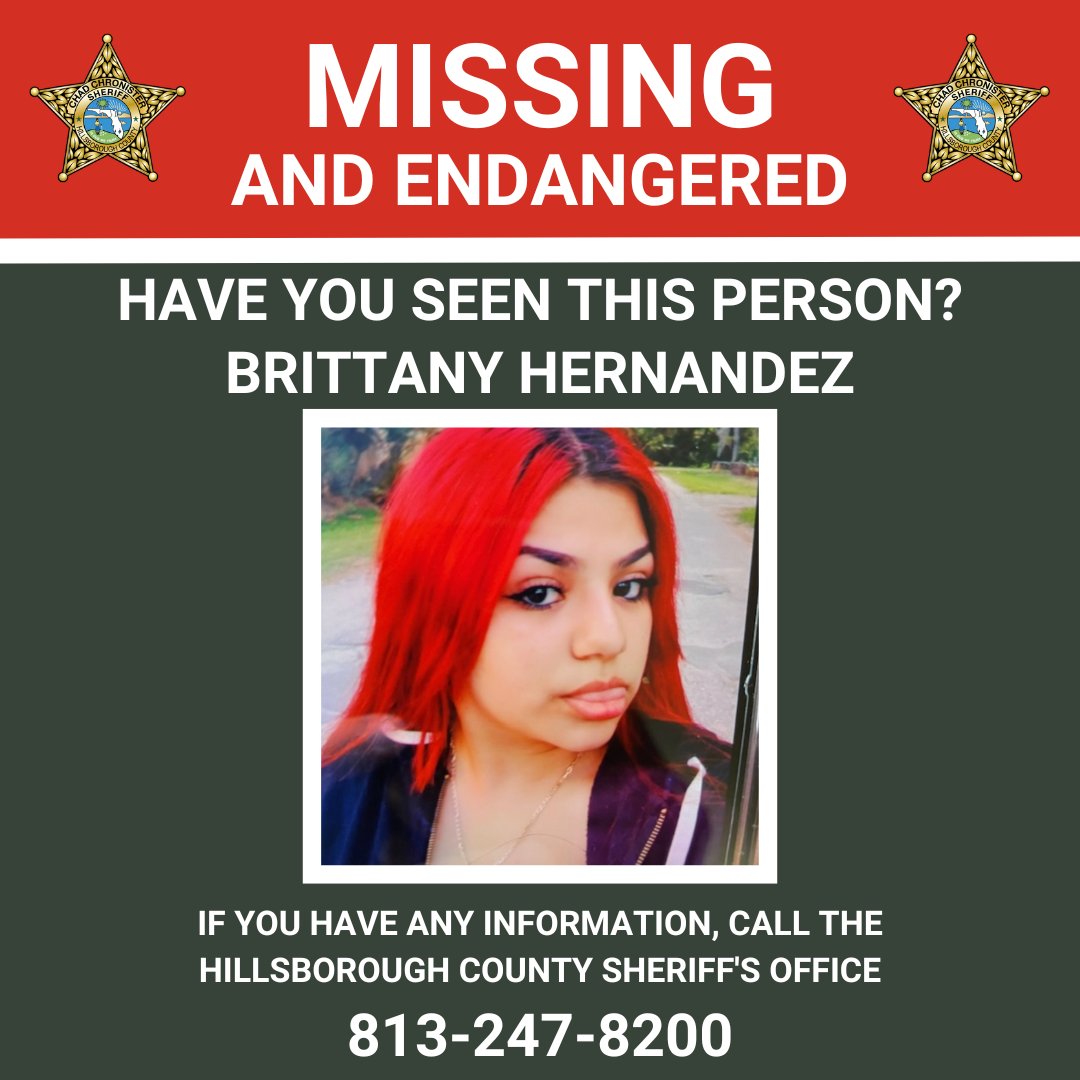 🚨𝗠𝗜𝗦𝗦𝗜𝗡𝗚 𝗔𝗡𝗗 𝗘𝗡𝗗𝗔𝗡𝗚𝗘𝗥𝗘𝗗🚨 On Thursday, May 9, 2024, at approximately 9:30 a.m., Brittany Hernandez, 17, left her home in Gibsonton, Florida, and has not been seen since. Brittany Hernandez is 4’11', weighs approximately 122 pounds, and has bright red hair.