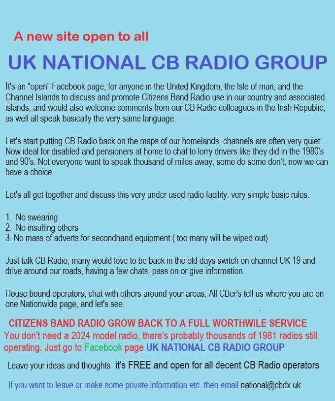 Facebook search uk national cb group to join. Please rt
#ukcb #cbradio #cb #citizenbandradio