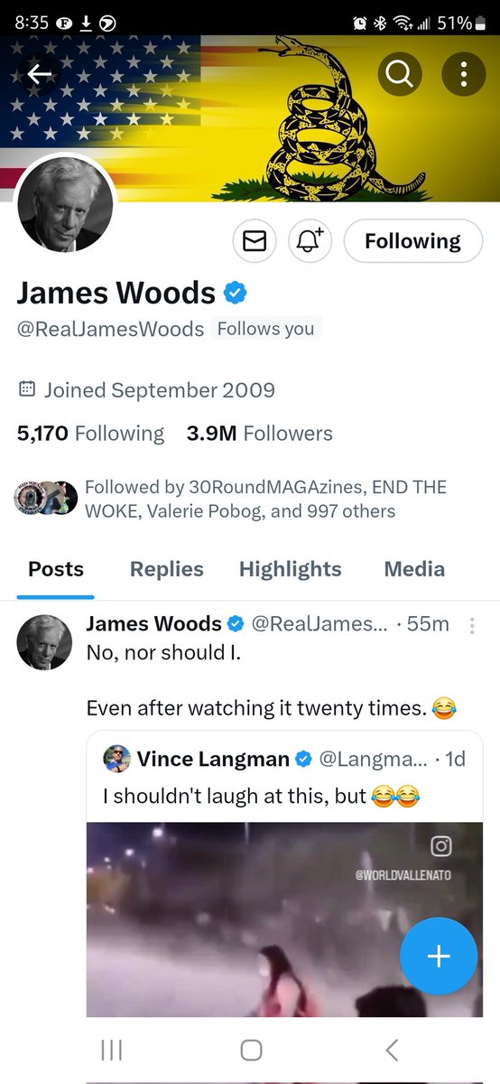 Wow! @RealJamesWoods is following me on X 
I'm honored, James!