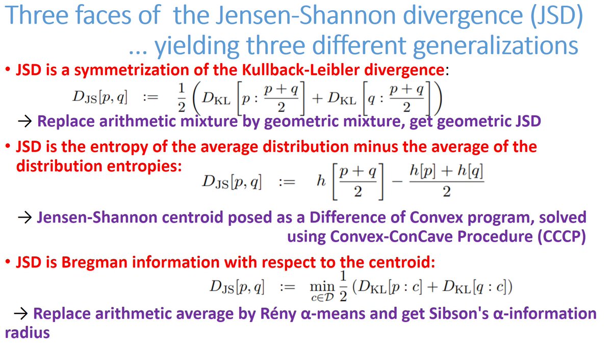 3 definitions of the Jensen-Shannon divergence yielding 3 different generalizations! ① JSD = Symmetrization of KLD ② JSD = concave gap induced by Shannon entropy ③ JSD = variational KLD divergence mdpi.com/1099-4300/23/4…