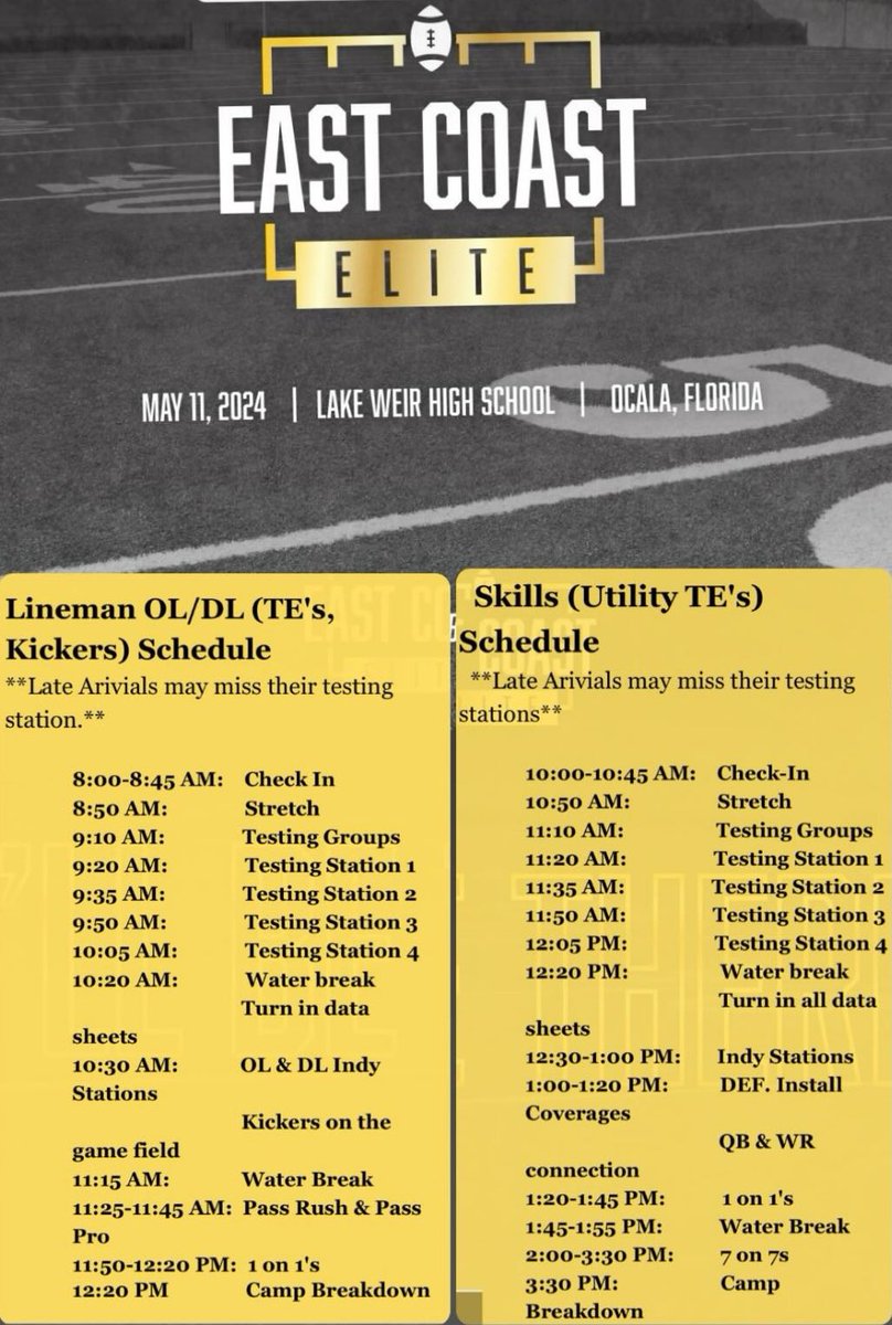 Please check out the schedule!!! Please arrive on time in your check in window Linemen 8:00-8:45am Skill guy 10:00-10:45am