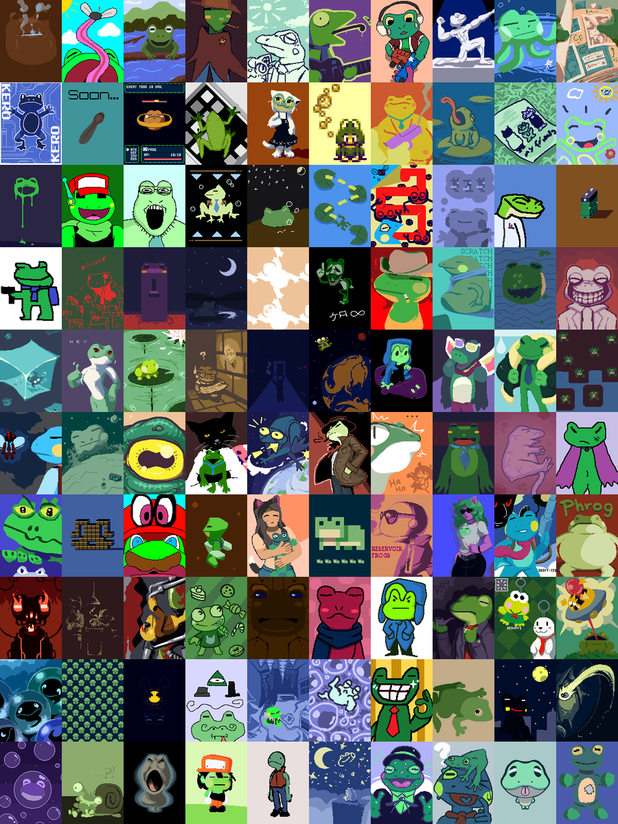 dawndus's tweet photo. 🐸 Kaeru 100 蛙百 🐸
🐸🐸🐸🐸🐸🐸🐸🐸
🐸 Celebrating #KeroBlaster #ケロブラスター 10th Anniversary🐸
🐸 100 Frogs drawn by the community 🐸
🐸🐸🐸🐸🐸🐸🐸🐸 https://t.co/xjSBTRKVwg