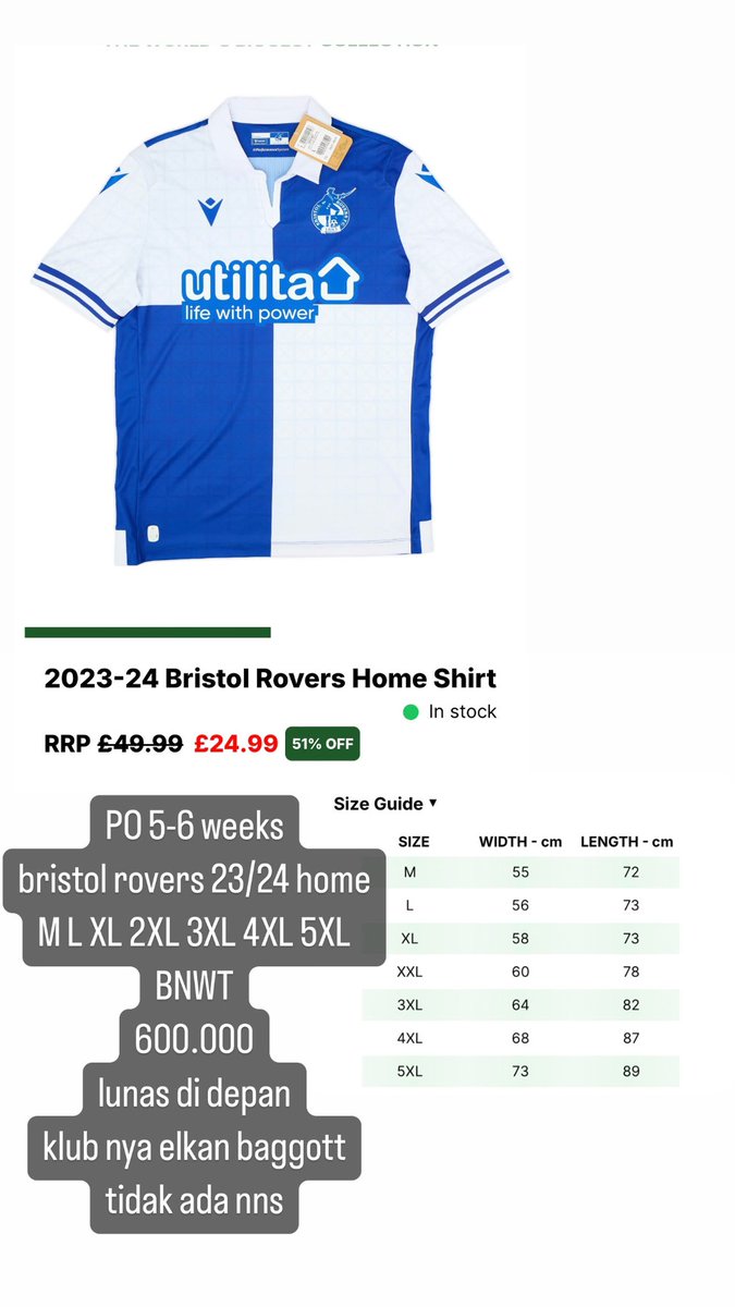 #jersey4sale Pre Order 5-6 weeks Bristol Rovers Home Jersey Original Club Nya Elkan Baggott Tidak ada nameset M to 5XL 600.000 mhn RT nya kak @Jerseyforum