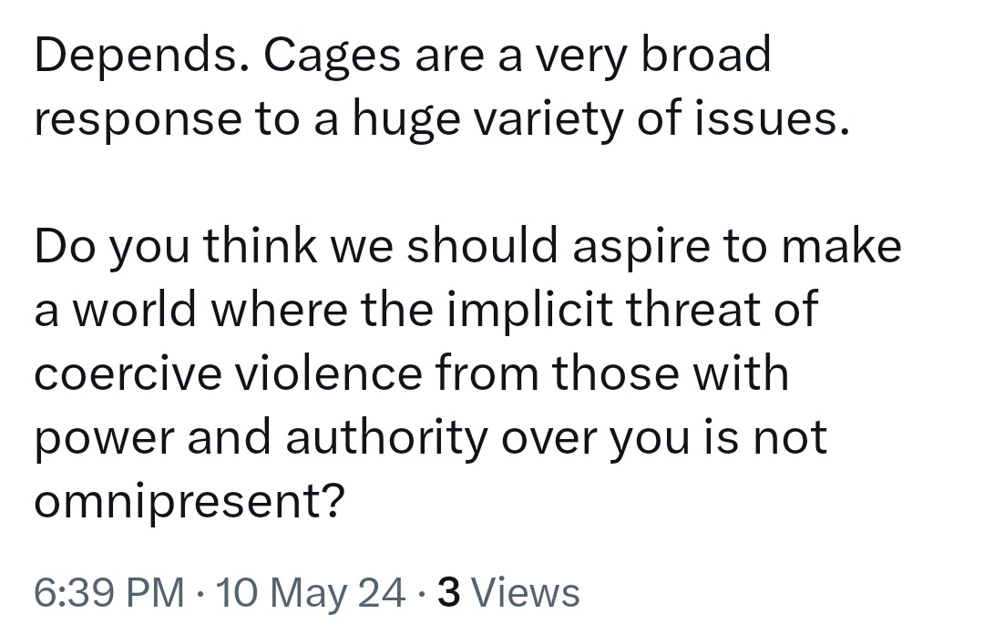 Prison abolitionists will say shit like this as though they really expect me to be like 'Oh god no, the idea that you'd constantly fear consequences for violent crimes against vulnerable people is horrifying!'