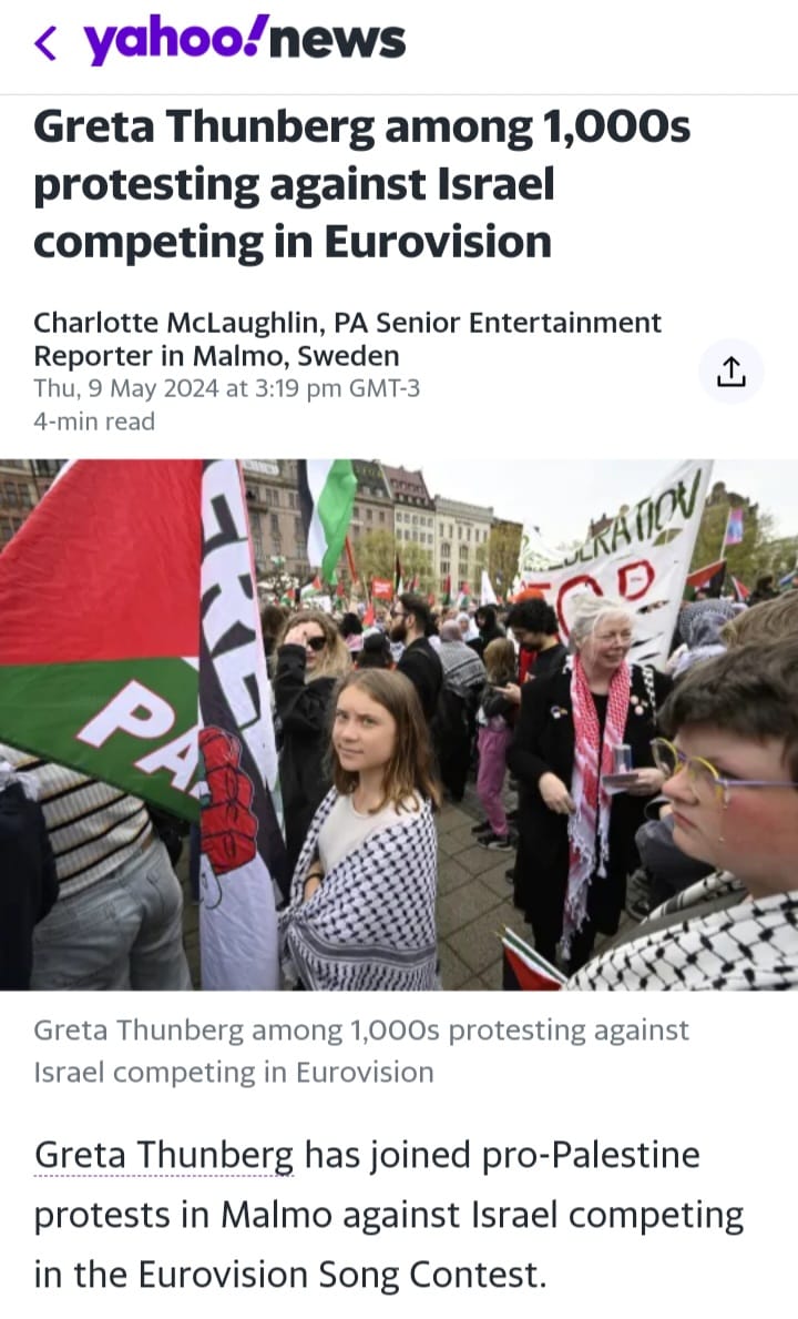 #GretaThunberg is in #Malmö joining those protesting #ApartheidIsrael's participation in #Eurovision2024: it's not a European country & shouldn't be using #Eurovision to generate support for the #GazaGenocide; time to boot the fascist apartheid regime~! rte.ie/entertainment/…