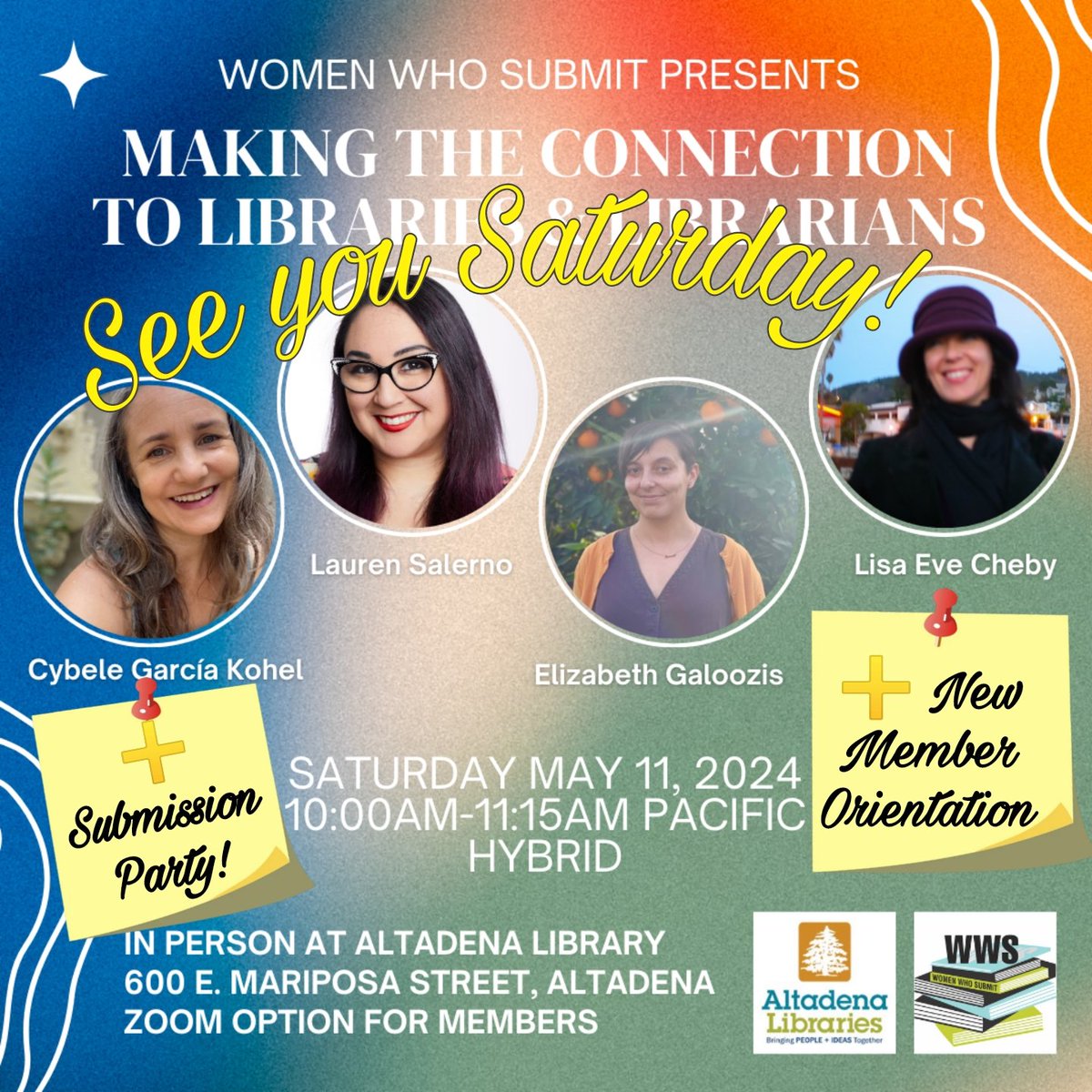 See you Saturday, May 11, 2024 at 10:00am Pacific for our panel discussion with our members who are working librarians. They will school us on how #writers can connect with #libraries and #librarians for #research, community, #workshops, and #bookpromotion.