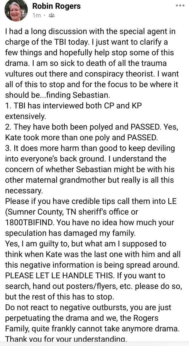#SebastianRogers 💚🙏💡
Robin Rogers posted this today. A bit of a turn around. I’m guessing they are just as depleted. RR says in another post that she has not been gotten at.

Perhaps the best thing for all the fam is 2 put their phones down & break away from all the madness.