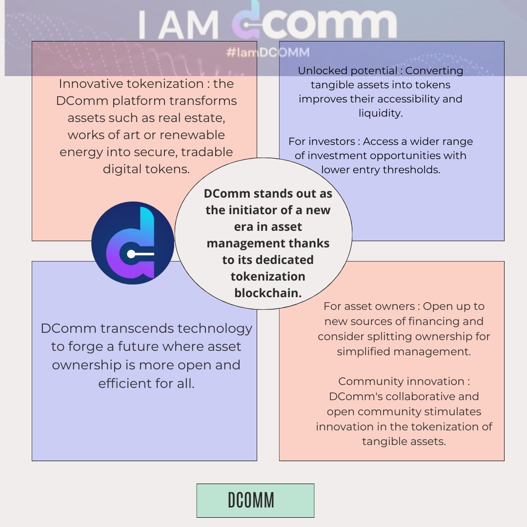Serge_Otaku's tweet image. This visual representation provides an in-depth exploration of the pioneering realm of @DComm_Official. Here, tangible assets undergo a metamorphosis into digital tokens within the blockchain infrastructure.
#DCommBlockchain