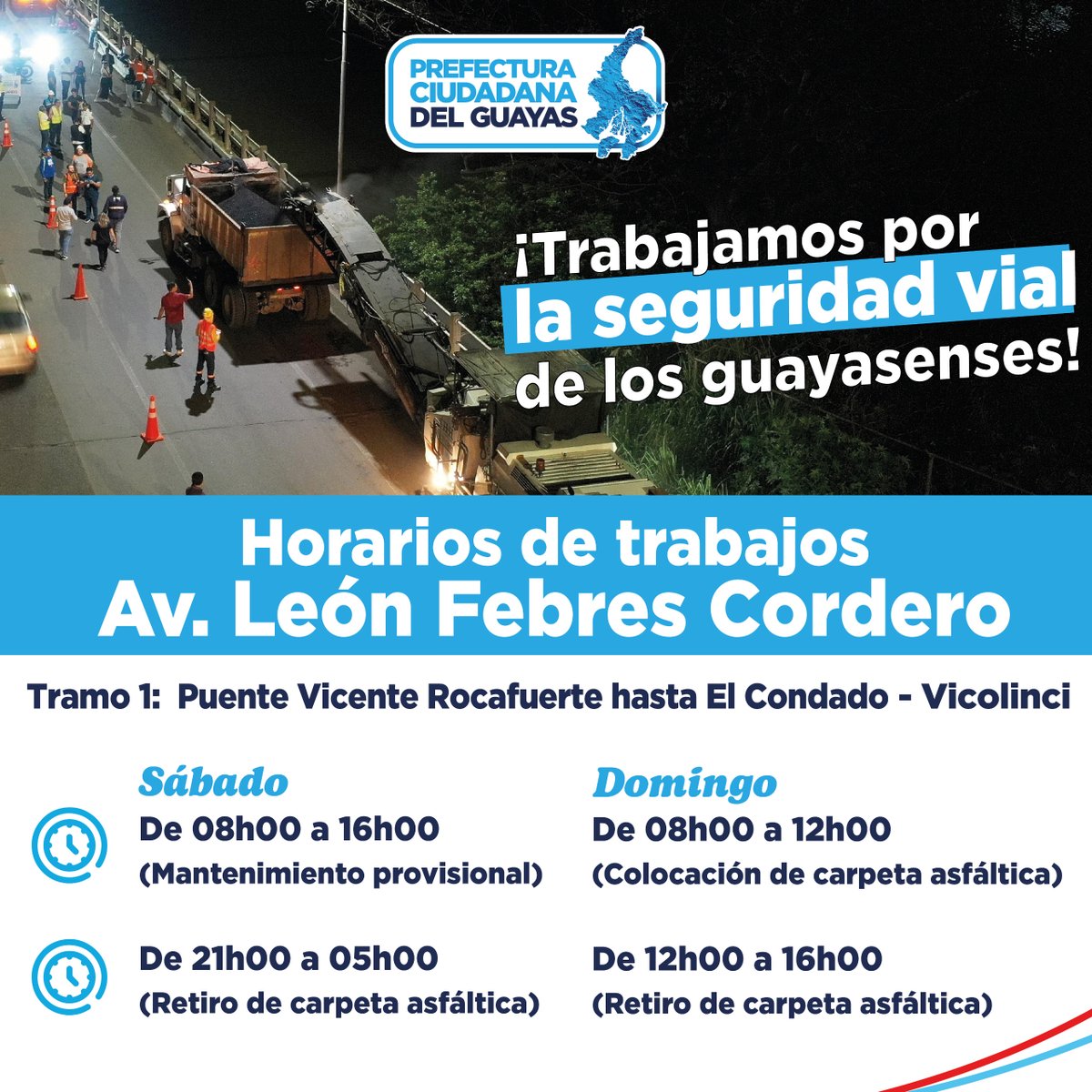 ¡Seguimos trabajando por el cambio en nuestra provincia! ✨ ➡️ Conoce los horarios de nuestros trabajos en la av. León Febres Cordero. 🚧 ⏰Planifica tu ruta para llegar a tiempo a tu destino. 🛣️ Usa la vía alterna: Autopista Narcisa de Jesús ¡Trabajamos por la seguridad vial…