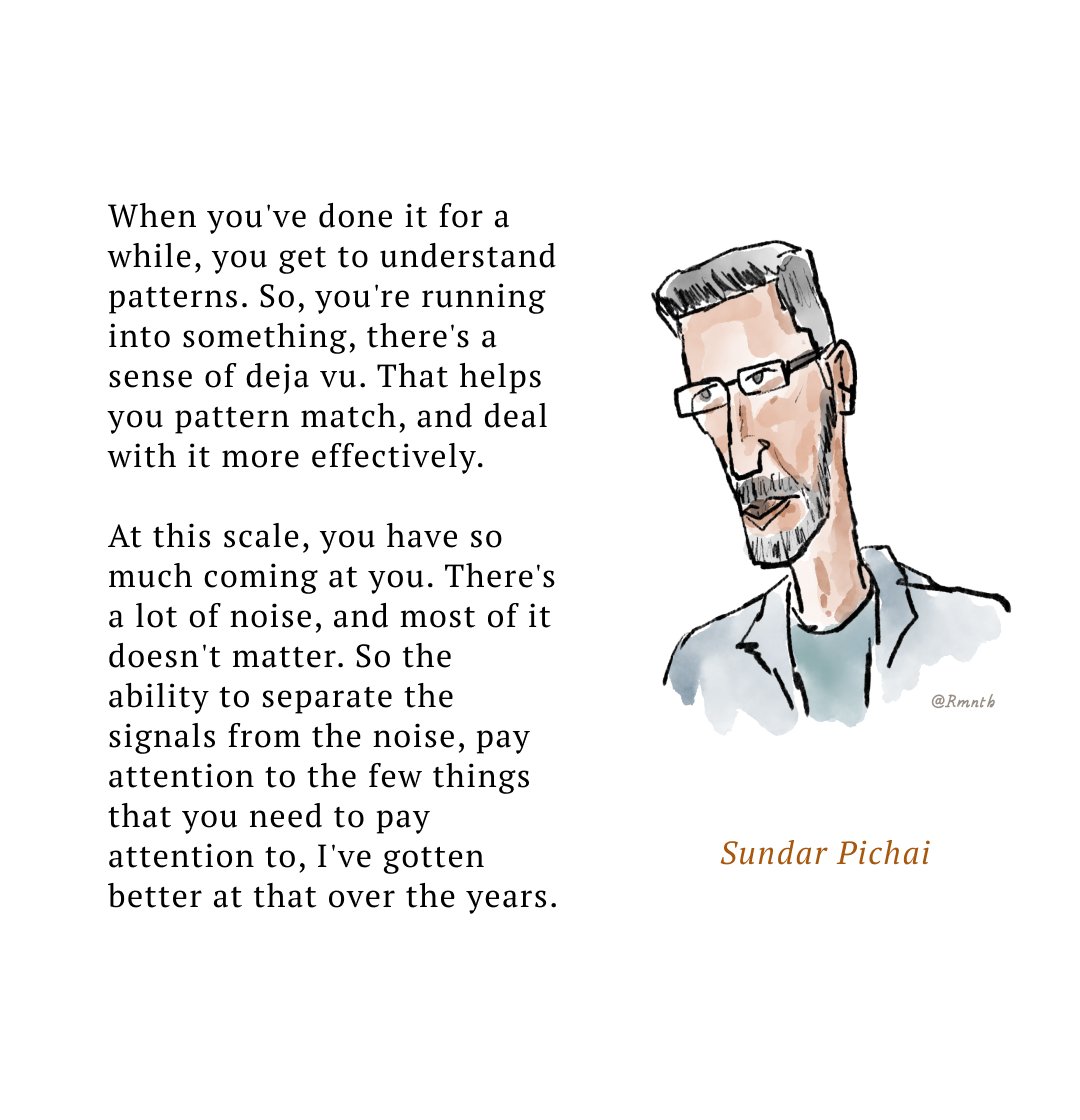 📈 See patterns
🚥 Separate signal from noise

Sundar Pichai on the two skills he became better at as a CEO

(Via @emilychangtv's brilliant interview with Pichai)

Today's doodles