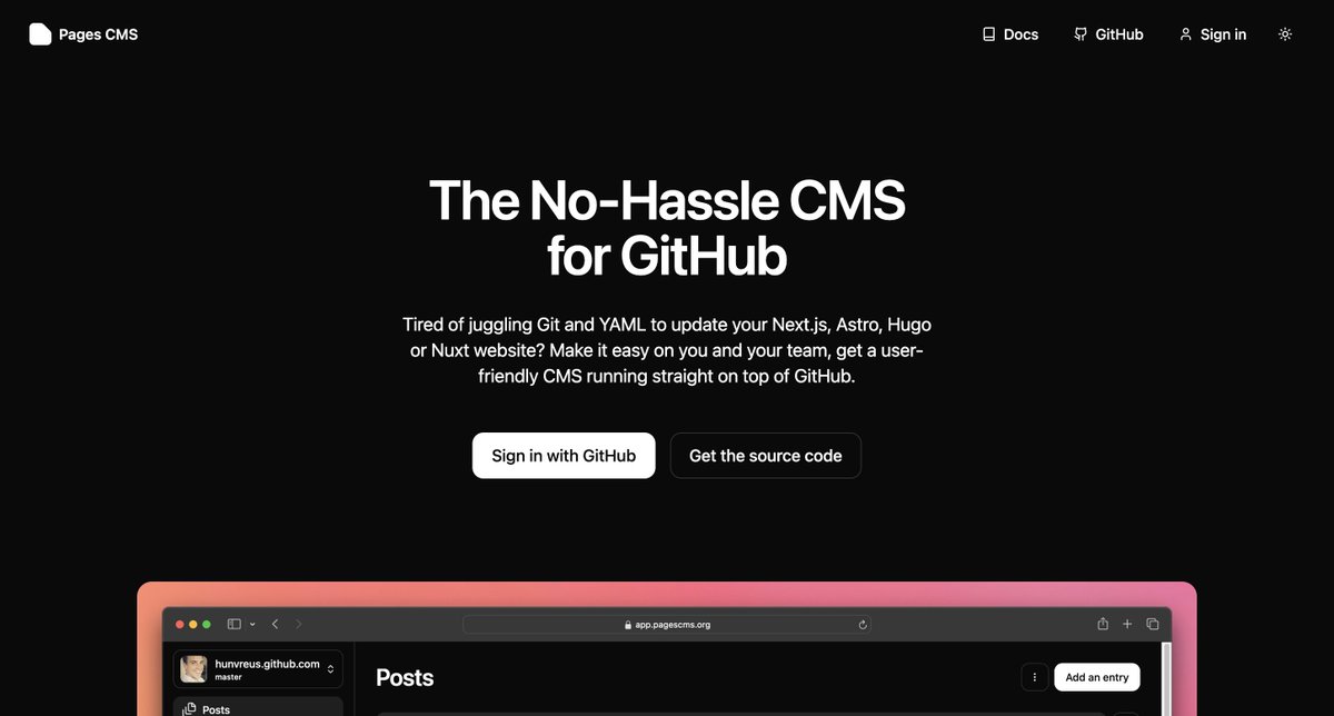こちらは本日分。シンプル・オープンソースなCMSです Pages CMS - GitHubと連携するシンプルなCMS - MOONGIFT.dev buff.ly/3wG3XDj #MOONGIFT