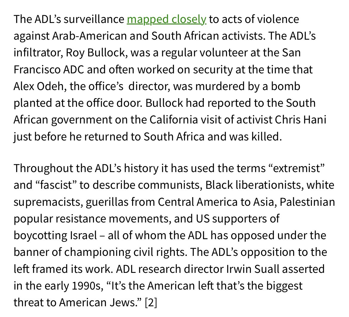 remember when you guys spied on anti-apartheid activists and supplied that information to foreign governments including israel and south africa? yeah, me too. droptheadl.org/the-adl-is-not…