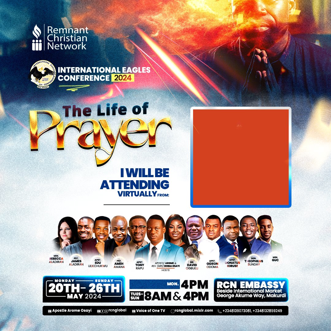 Customize your 'I Will Be Attending' flyer now with your own picture and be a part of something extraordinary. Use the link below to create yours and secure your spot today! #IEC2024 #TheLifeofPrayer #ApostleAromeOsayi Link: linktr.ee/rcnglobal