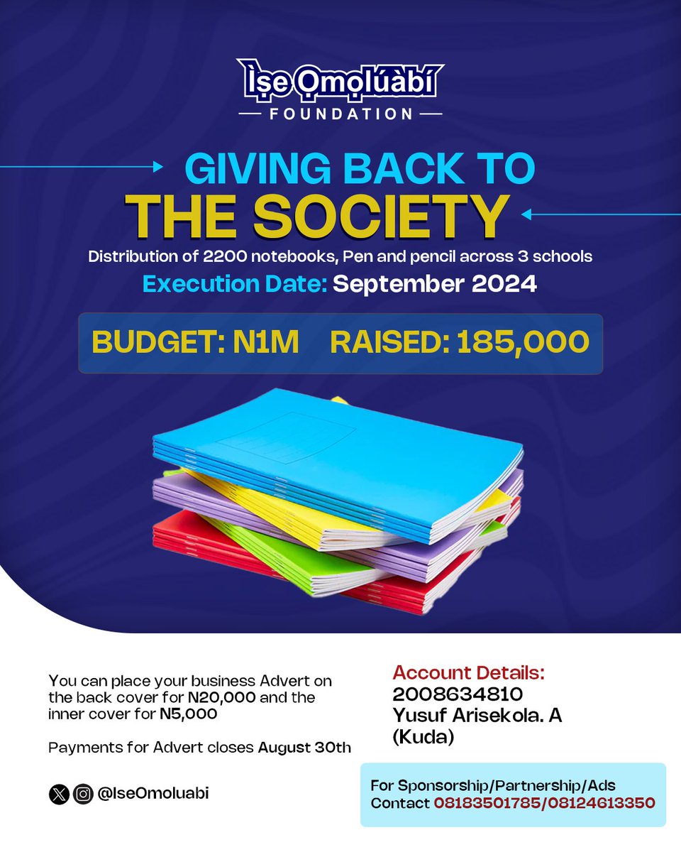 We make a living by what we get, but we make a life by what we give. Support Ìse Omolúàbí to provide 2200 books to students in remote areas. Help us nurture young minds with your monetary donations to create lasting impacts. Kindly check the graphics for account details.