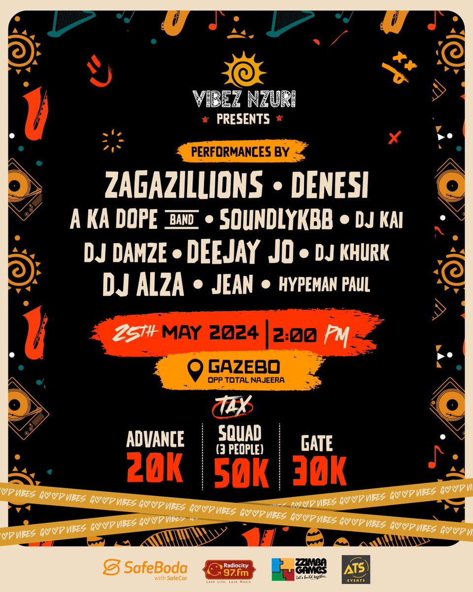 This great lineup along with an outdoor vibe await you on 25th May performances from: @Zagazillions @Denesi__ @a_ka_dope @Damzedj Buy your tickets now vibez.ticket.ug #VibezNzuri #VibezNzuriAt5 #VibezNzuriToTheWorld