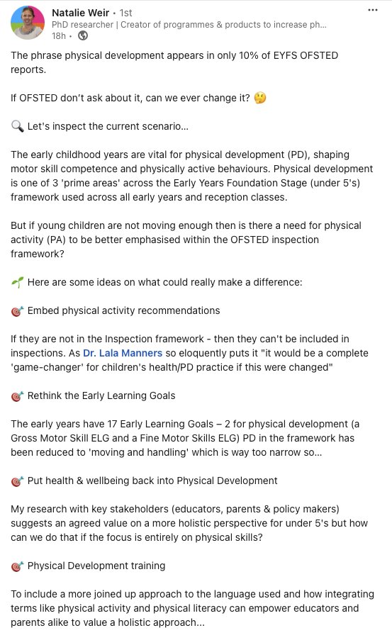 'The phrase #PhysicalDevelopment appears in only 10% of EYFS OFSTED reports' - all praise to PHD researcher #NatalieWeir for the following richly informative study with findings that should concern both HMI +@educationgovuk greatly.We STRONGLY concur with Weir's recommendations👏