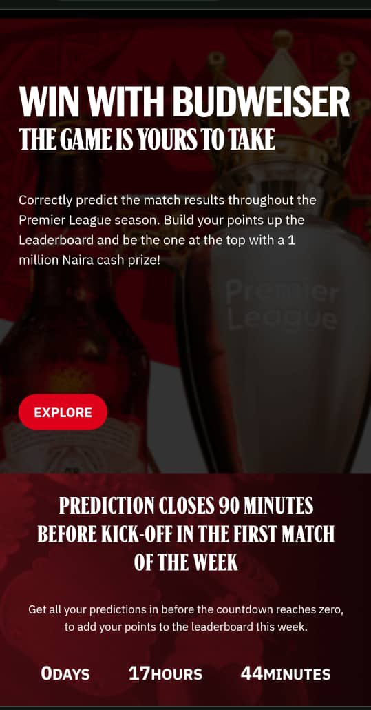 Hey there, you too can predict & win with the Budwiser Prediction app budweiserfootballpredictor.com just login predict the likely games to Win or Draw & stand a chance to win millions of Naira. #BudweiserKingsOfFootballShow #YoursToTake