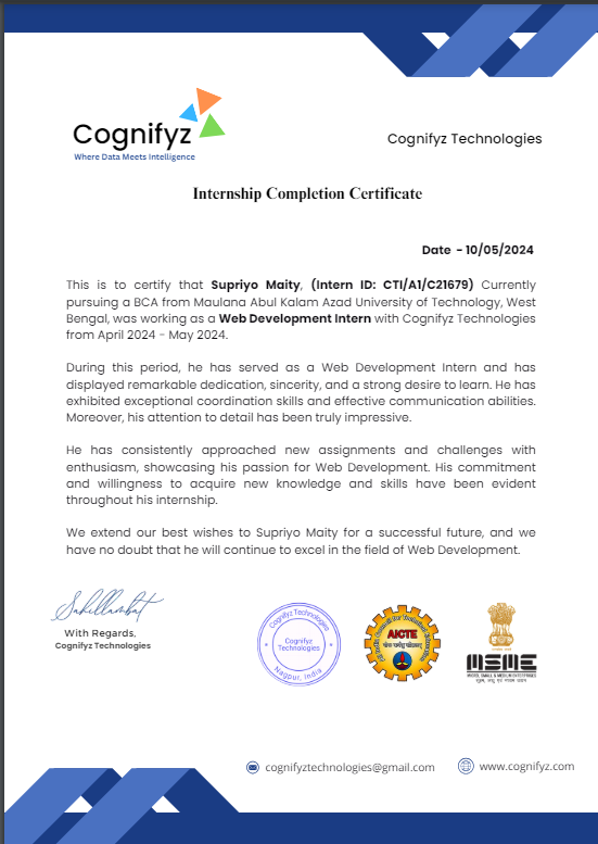supriyo_1207's tweet image. 🚀Excited to share that I’ve completed my internship with Cognifyz Technologies as a Web Development Intern! 🎓 I’m grateful for the opportunity to gain valuable experience and develop my skills. 
Thank you, Cognifyz Technologies!🤝
#WebDevelopment #Internship #CognifyzTech