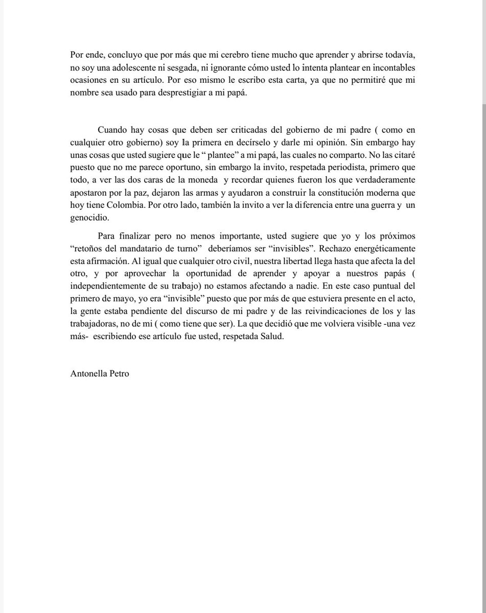 Unidosxcmadrid's tweet image. Respuesta de Antonela petro a la señora periodista salud Hernández, a tener encuenta 
#Respecto #MemoriaVerdadYJusticia #noeshoradecallar #arte #etica