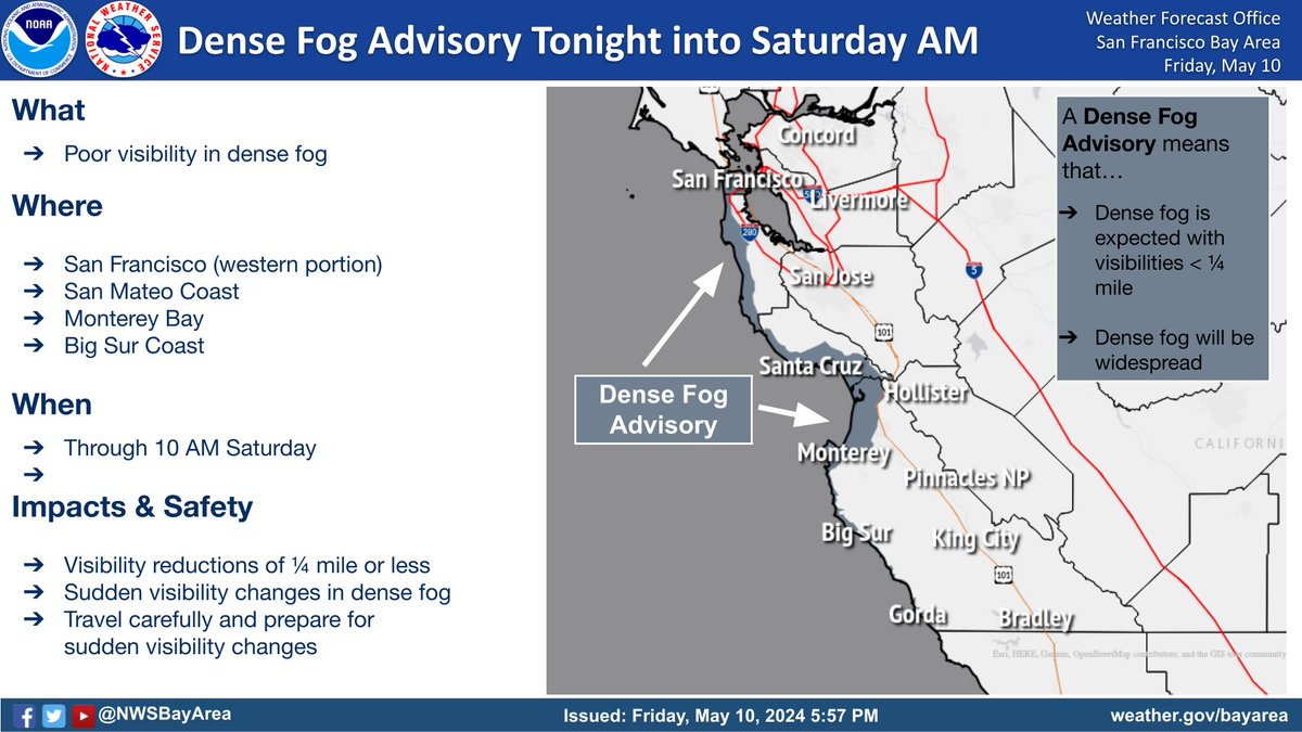 Heads up! Watch out for sudden visibility changes along the coast tonight in dense fog. Dense Fog Advisory in effect from the city south through Monterey Bay and the Big Sur coast. Travel safely! #cawx