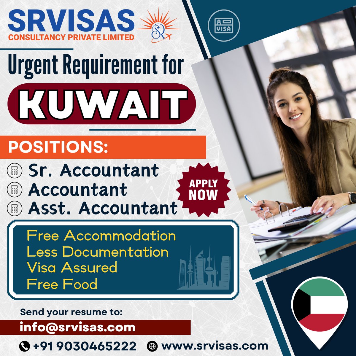 Urgent Requirement for KUWAIT. Available Positions are
💼 Sr. Accountant
💼 Accountant
💼 Asst. Accountant
For more details call now: +91 9030465222
or 
Visit Our Website: srvisas.com
#workvisa #workvisasupport #visaservices #workvisaconsultant #VisaSuccess #visa
