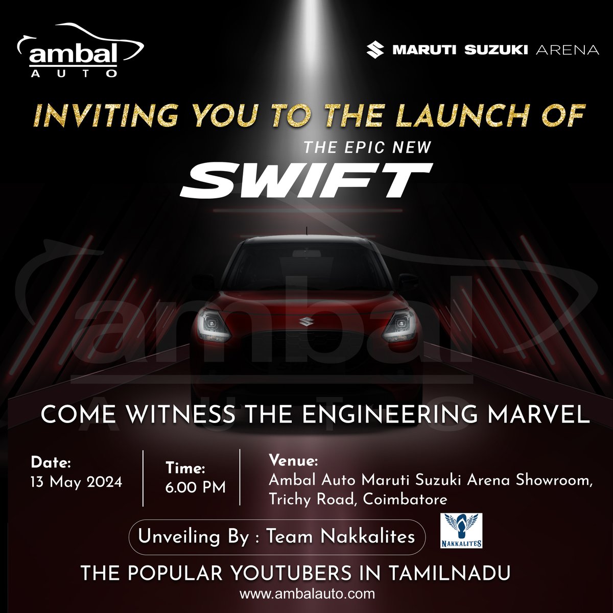 Buckle up for the ride of a lifetime! Introducing the Epic New Swift - where innovation meets exhilaration. Get ready to experience speed, style, and sheer thrill like never before! Join us for the grand launch!

#AmbalAuto #Nexa #Arena #SuperCarry #TrueValue #NewLaunch #Swift