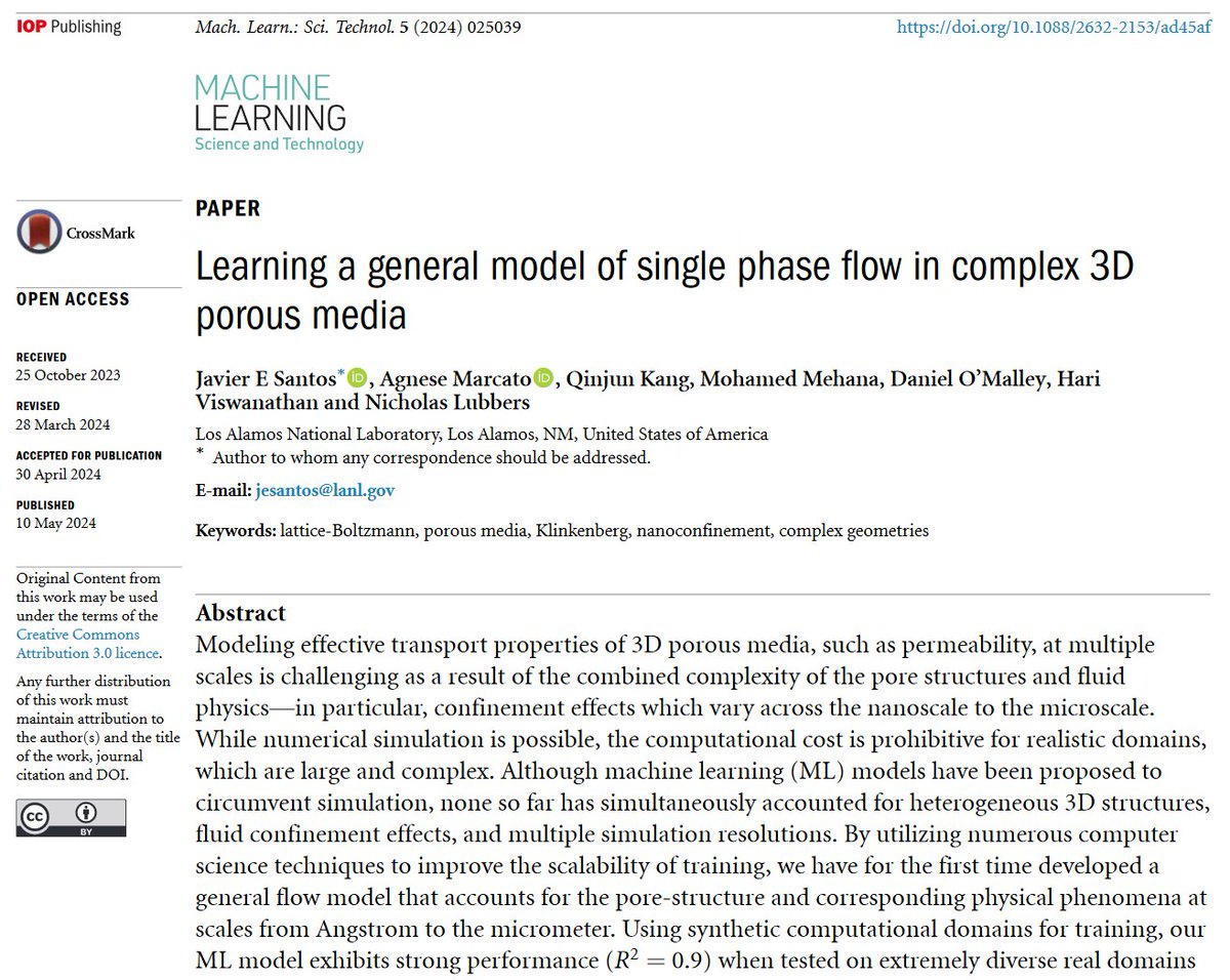 Great new work by @javier_e_santos Hari Viswanathan, Nicholas Lubbers et al @LosAlamosNatLab - 'Learning a general model of single phase #flow in complex 3D #porousmedia' - iopscience.iop.org/article/10.108… #machinelearning #complexity #fluids #materials #geoscience #statphys #nonlinearity