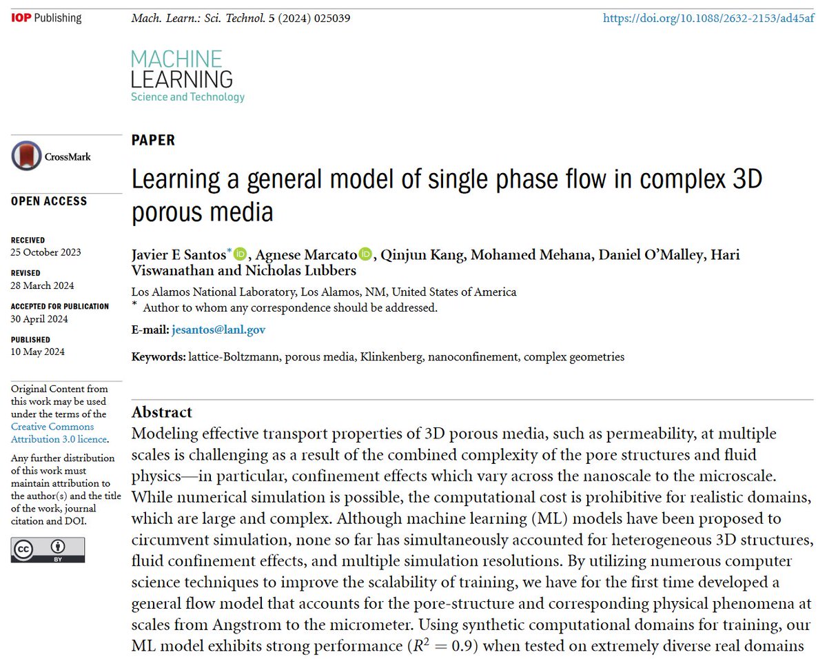 MLSTjournal's tweet photo. Great new work by @javier_e_santos Hari Viswanathan, Nicholas Lubbers et al @LosAlamosNatLab - 'Learning a general model of single phase #flow in complex 3D #porousmedia' - https://t.co/CwqDHCpPSZ #machinelearning #complexity #fluids #materials #geoscience #statphys #nonlinearity https://t.co/G0ejned9bt