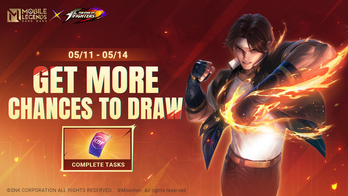 From 05/11 to 05/14, complete tasks and get tokens to join the MLBB × KOF '97 event. 3 brand new collab skins are waiting for you! There are also tons of exclusive items to help you shine on the battlefield. Come and check it out!

#MobileLegendsBangBang
#MLBBNEWSKIN
#MLBBxKOF97
