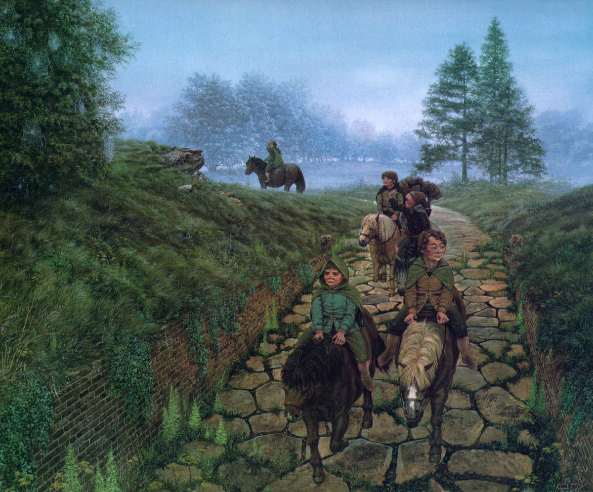 For #MAY 1987 ‘Leaving the Shire’ Ted Nasmith (b. 1956). Gouache on illustration board. *The 1987 J.R.R. Tolkien Calendar* (Ballantine Books) for May. #illustration #illustrationart #illustrationartists #AlanLee #JRRTolkien #TheLordOfTheRings #LOTR