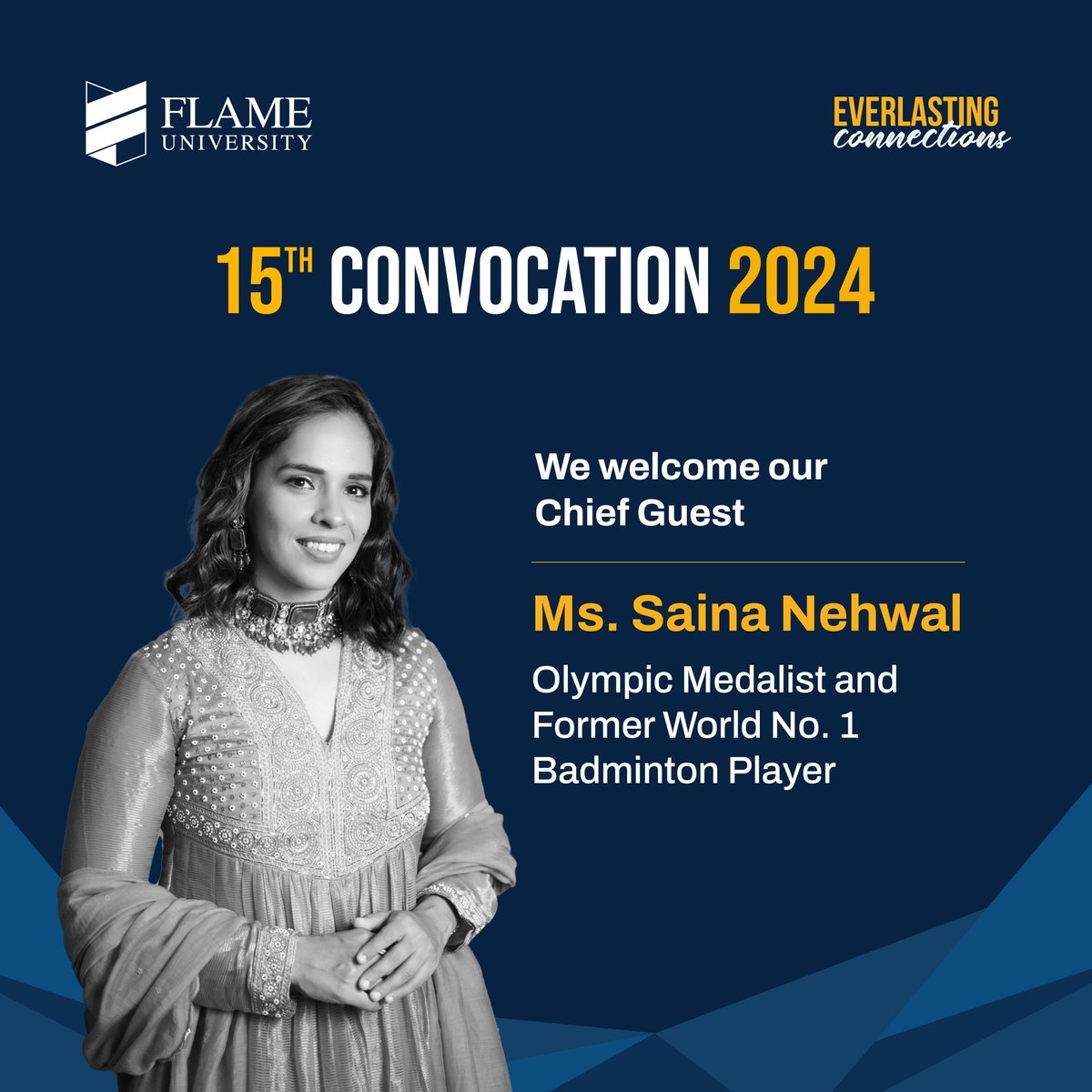 FLAME University is delighted to welcome Ms. Saina Nehwal (@NSaina), Olympic Medalist and Former World No. 1 Badminton Player, as the distinguished Chief Guest for our upcoming 15th Convocation Ceremony. Considered one of India’s most successful badminton players, Ms. Nehwal was