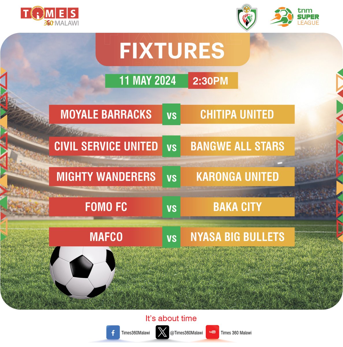 #Times360Malawi #Sports TNM Super League enters week six with defending champions FCB Nyasa Big Bullets taking on Mafco at Chitowe Stadium while Mighty Mukuru Wanderers will be at home against Karonga United. Here are the rest of the games today #TimesNews