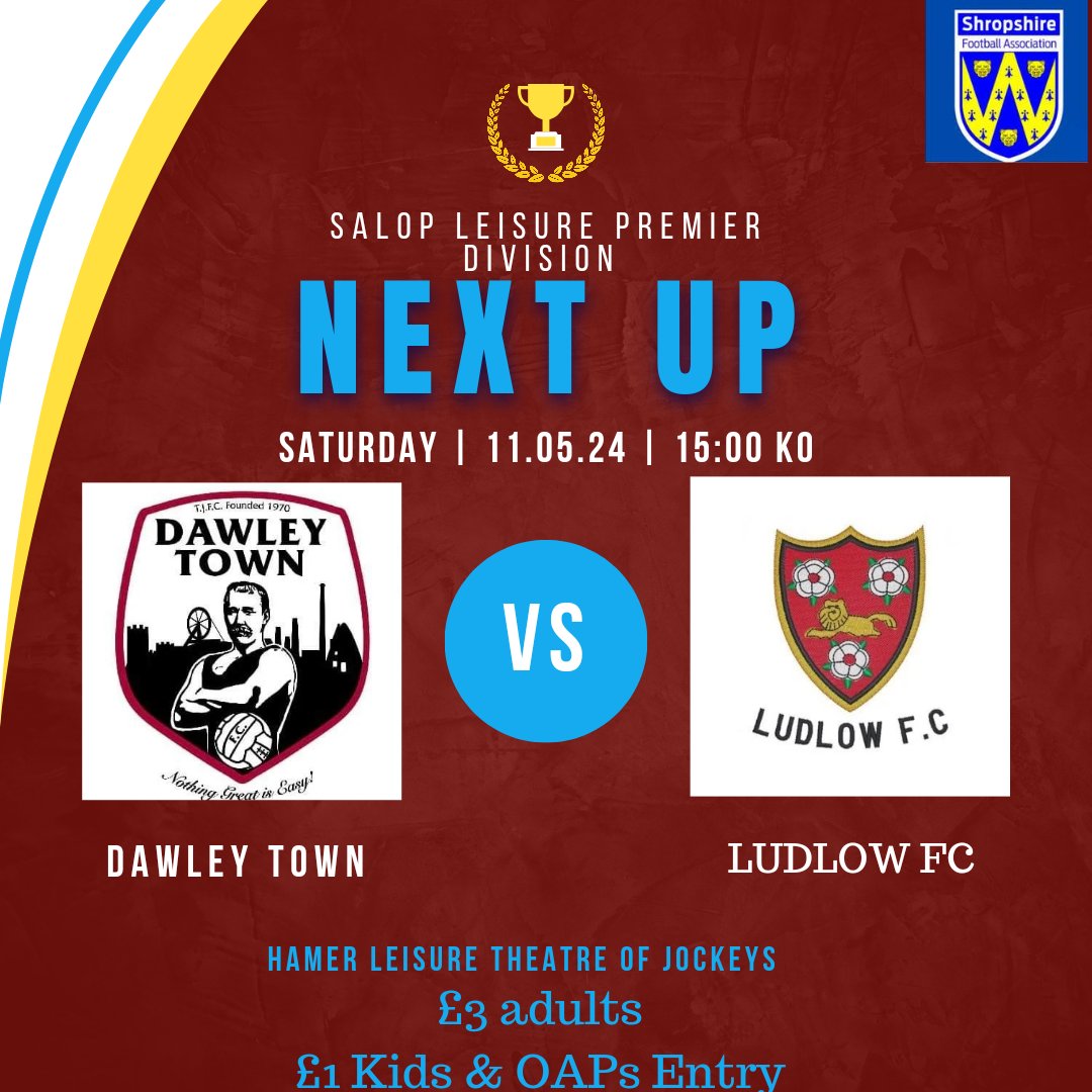 A huge clash to end the season

What a game we should have in for us today in the Dawley sunshine 🌞 

Refreshments available all throughout the game. Get down and support the lads as 2nd place host league champions @LudlowFC 

#Upthejockeys