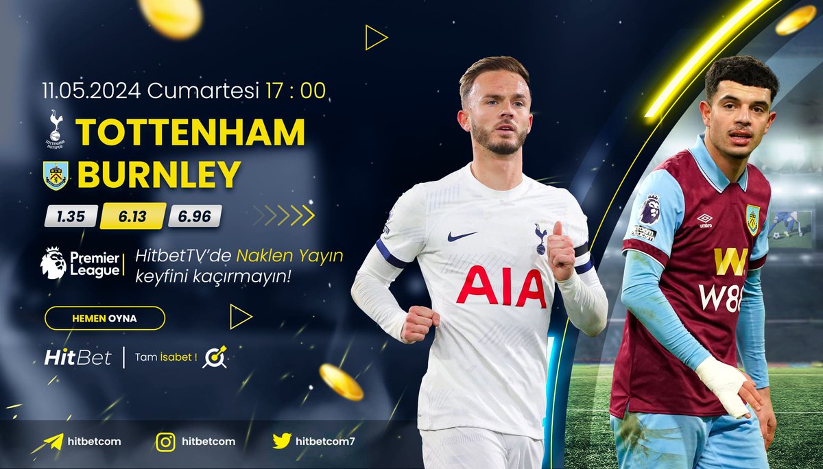 #Tottenham ⚜ #Burnley karşılaşması #PremierLig heyecanı ile bu akşam saat 17:00'da #Hitbet'te! 🌐Güncel Giriş : h.t2m.io/Hitbet-Twitter 📺 Maç Yayınları : h.t2m.io/HitbetTV 🎯#Hitbet #Tamisabet