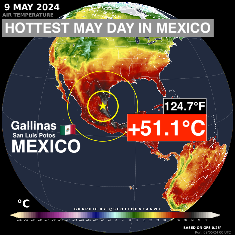 Mexico 🇲🇽 just observed its hottest day in May. A brutal 51.1°C (124.7°F). This is less than 1°C from the all-time national record for any month. Sadly this heatwave is far from over...