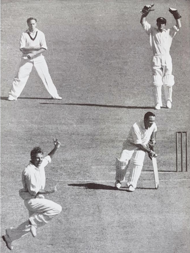 Fast bowlers have always like a good lbw appeal even if it has no merit - this is an impassioned Ray Lindwall in the 50/51 Ashes with an appeal that clearly doesn't impress teammate Ian Johnson and Don Tallon gives only token support to - the batsman is Godfrey Evans