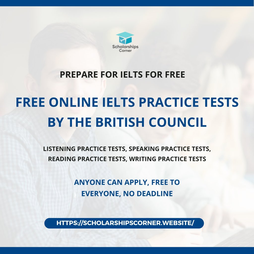 Free Online IELTS Practice Tests by the British Council

Link: scholarshipscorner.website/free-online-ie…

Modules:

Free online IELTS Listening practice tests
Free online IELTS Reading practice tests
Free online IELTS Writing practice tests
Free online IELTS Speaking practice tests