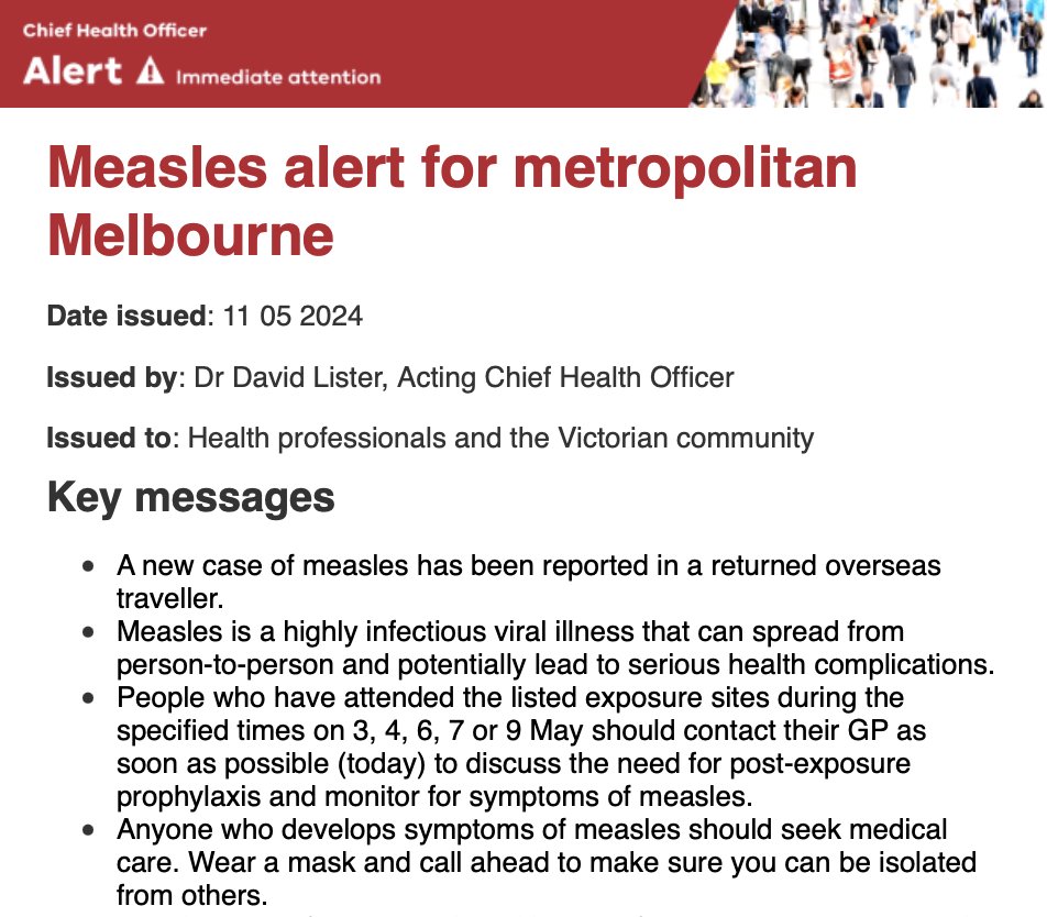 Vic CHO alert: measles 'A new case of measles has been reported in a returned overseas traveller. Measles is a highly infectious viral illness that can spread from person-to-person and potentially lead to serious health complications.' Full details: health.vic.gov.au/health-alerts/…